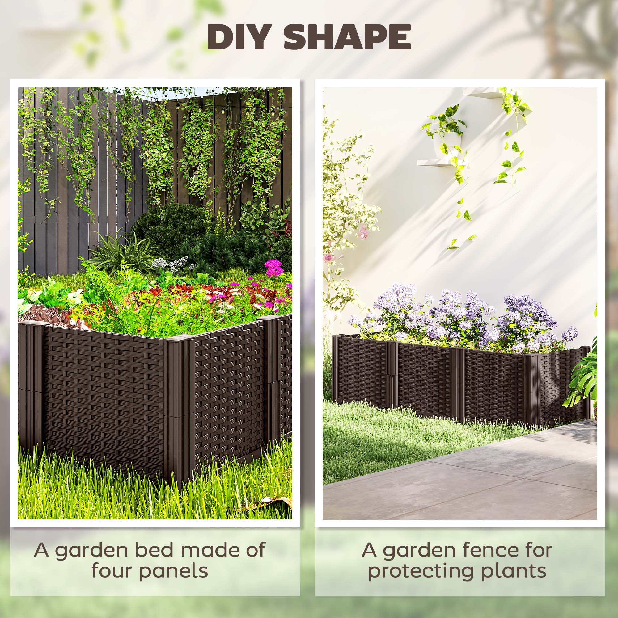 Outsunny Plastic Raised Garden Bed, Modular Planter Box Kit, Garden Fence Edging Border for Flowers, Vegetables, Herbs, Brown