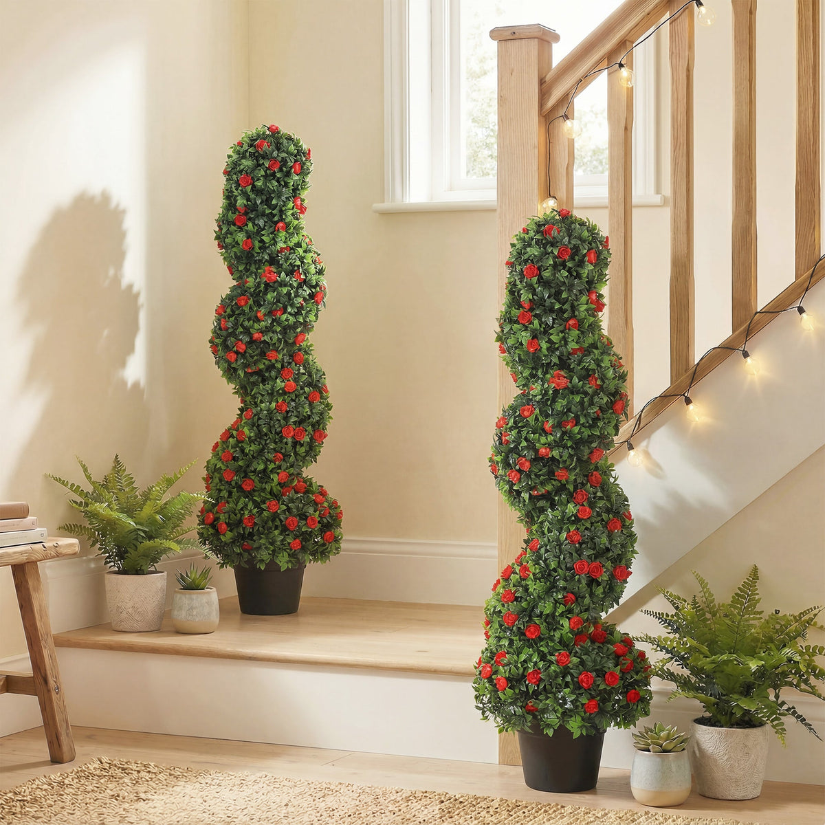 HOMCOM Decorative Artificial Plants Set of 2, UV Resistant Fake Plants in Pot for Indoor Outdoor Decor, 90cm, Red