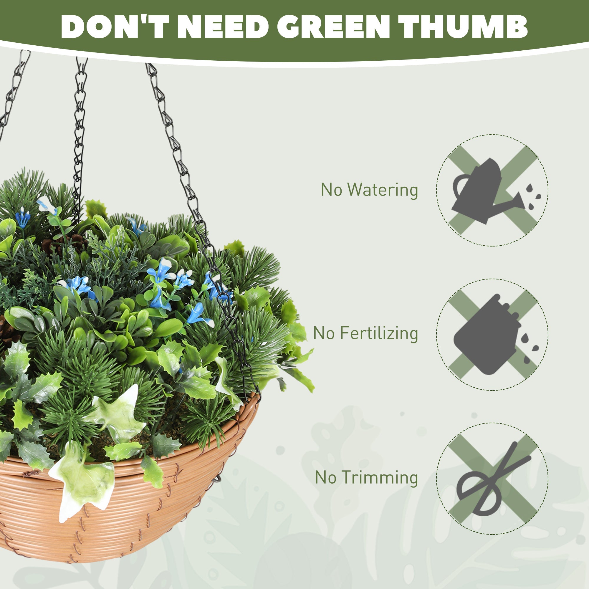 HOMCOM Artificial Flowers in Basket Set of 2, Artificial Hanging Baskets with PE Leaves, 18 Flowers and 3 Pinecones in Pot, Decorative Faux Plant for Home Office Decor, Green