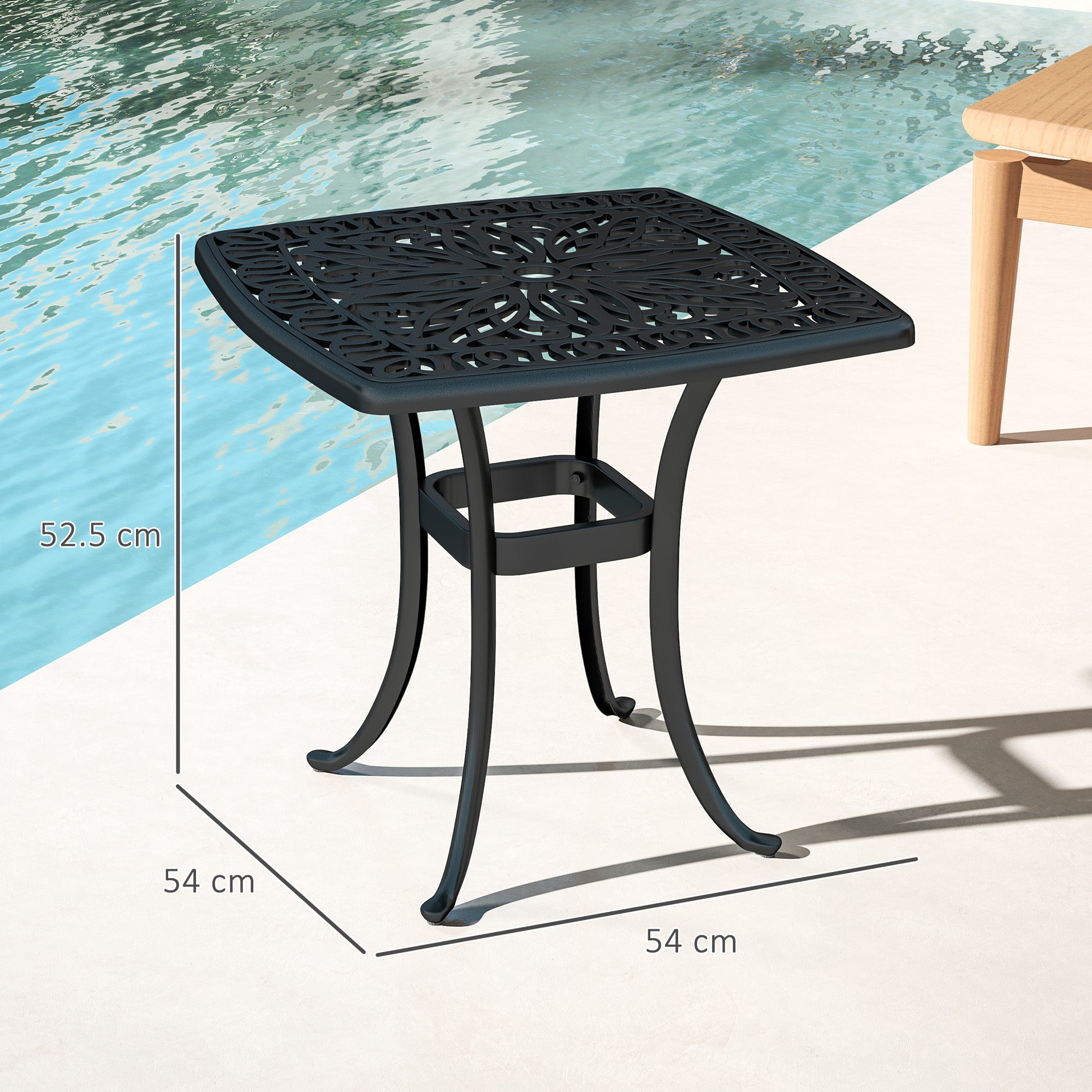 Outsunny Outdoor Garden Table with 38mm Dia. Umbrella Hole, Cast Aluminium Patio End Table with Anti-slip Foot Pads for Garden, Patio, Balcony, 54 x 52.5cm, Black