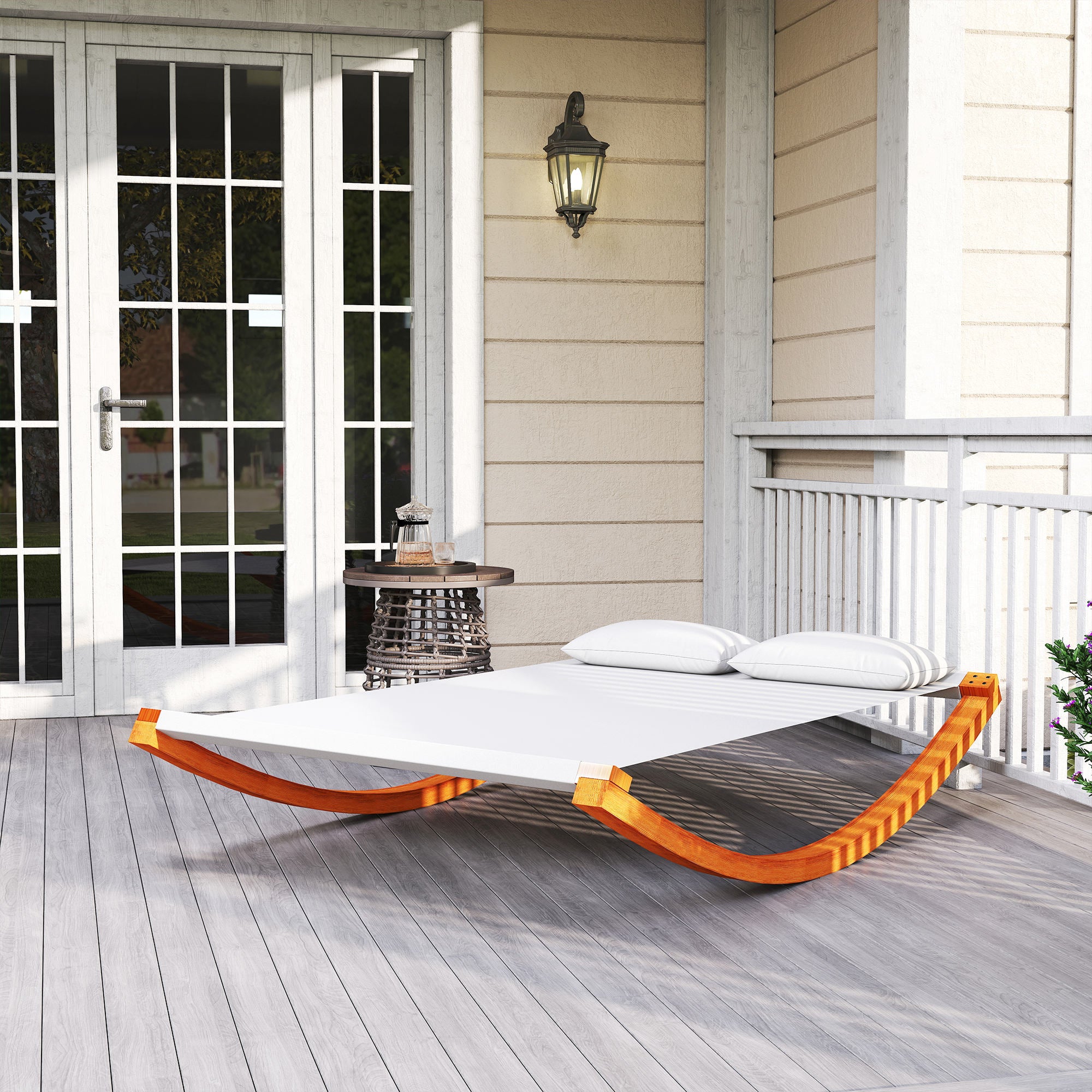 Outsunny Garden Day Rocking Bed Sun Lounger Patio Furniture Hammock With Pillows Wood