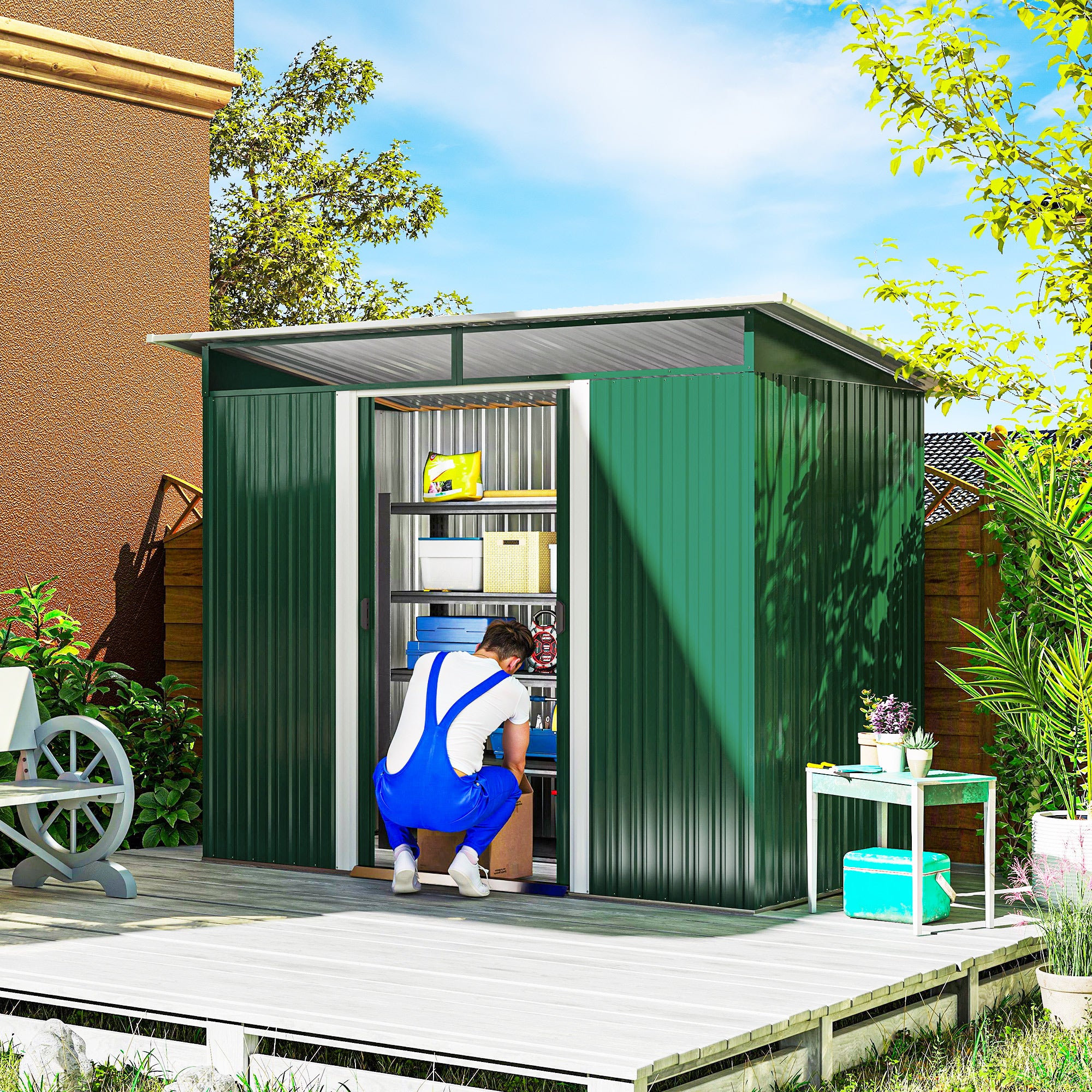 Outsunny 8.5 x 4ft Metal Shed with Lightsky Panels, Garden Storage Tool House with Double Doors for Garden, Patio and Lawn, Green