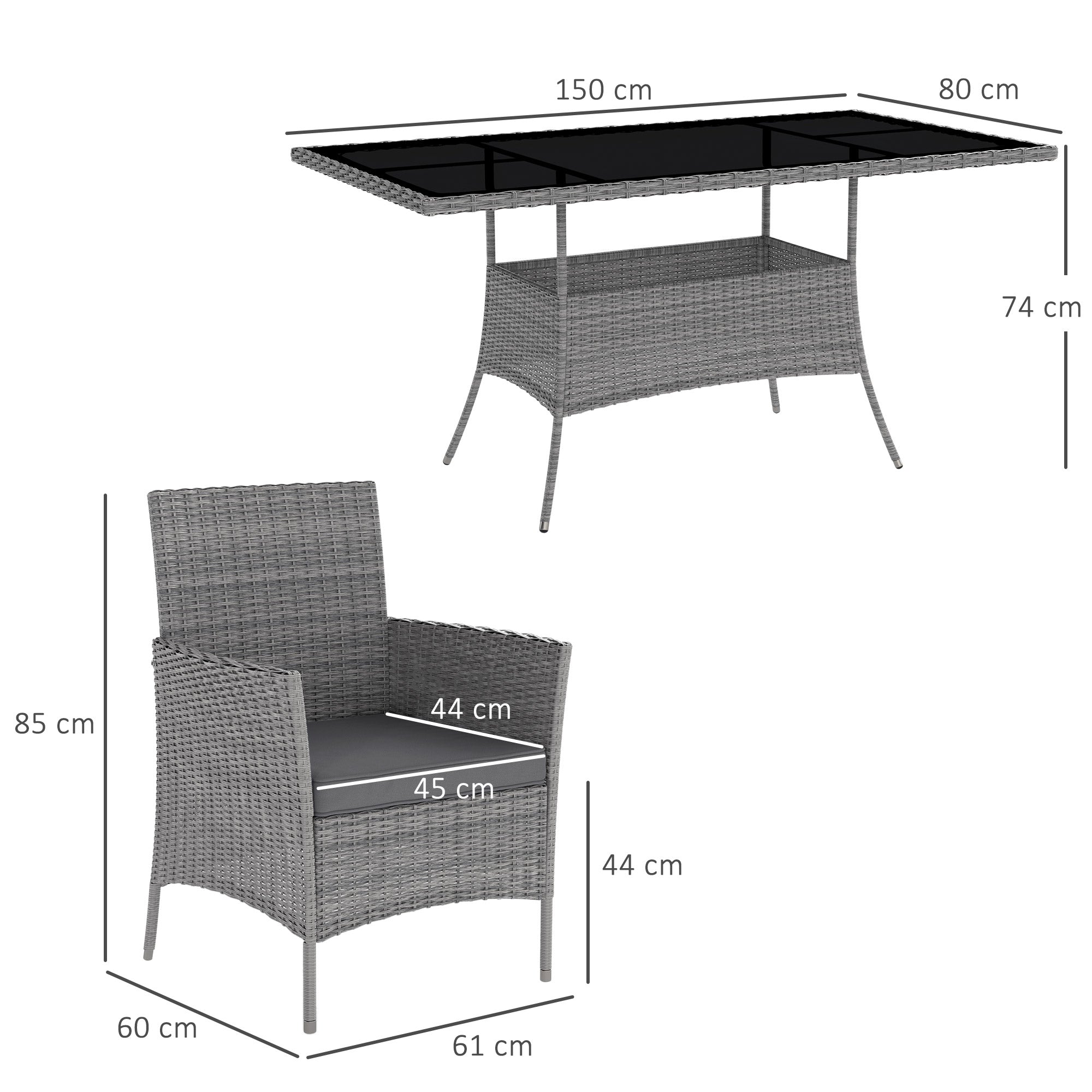 Outsunny 7-Piece Rattan Garden Furniture Set with Cushions, 6 Seater Garden Table and Chairs, Rattan Dining Set with 6 Armchairs, Rectangular Glass Top Table, Charcoal Grey