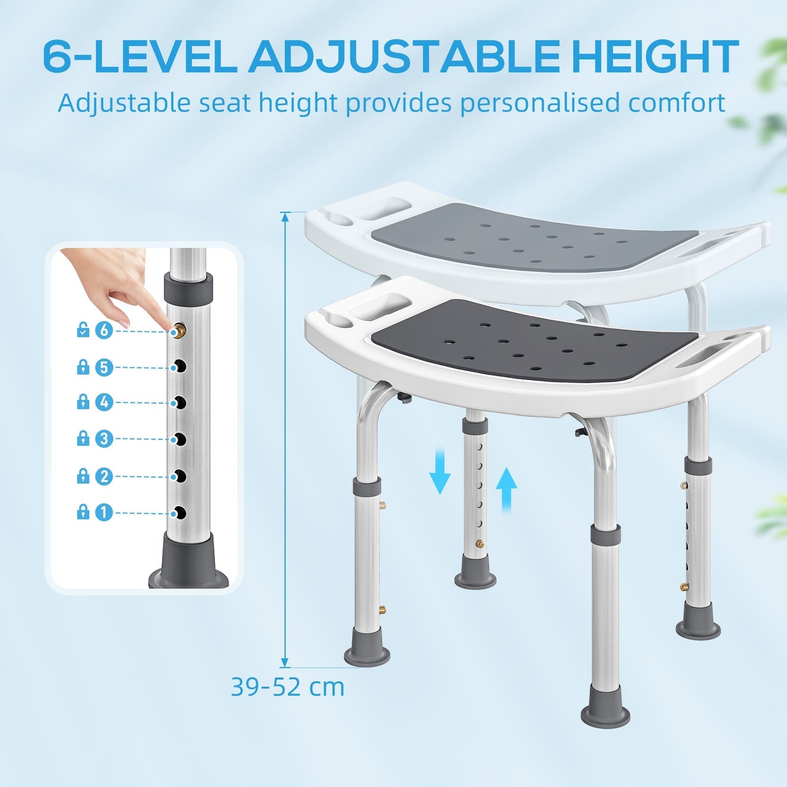 HOMCOM 6-Level Height Adjustable Aluminium Bath Room Stool Chair Shower Non-Slip Design w/ Padded Seat Drainage Holes Foot Pad, Grey