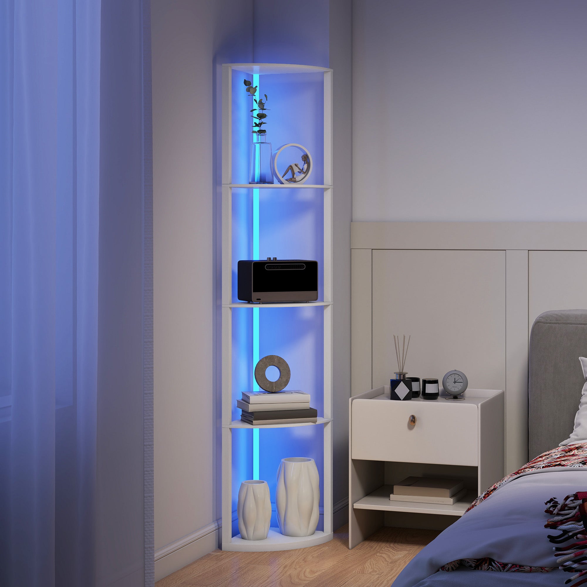 HOMCOM RGB LED Floor Lamp with Shelves, 5-Tier Dimmable Standing Lamp with Adjustable Brightness and Remote Control, Modern Corner Display Shelf Unit for Living Room Bedroom Office, White