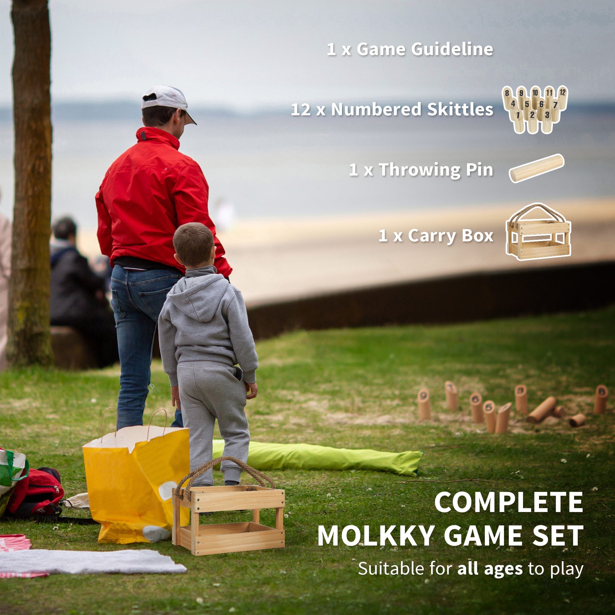SPORTNOW Molkky Game, Wooden Skittles Throwing Game with 12 Skittles, 1 Throwing Pin and Carrying Box, Outdoor Games for Adults, Garden, Picnic, Beach, Party
