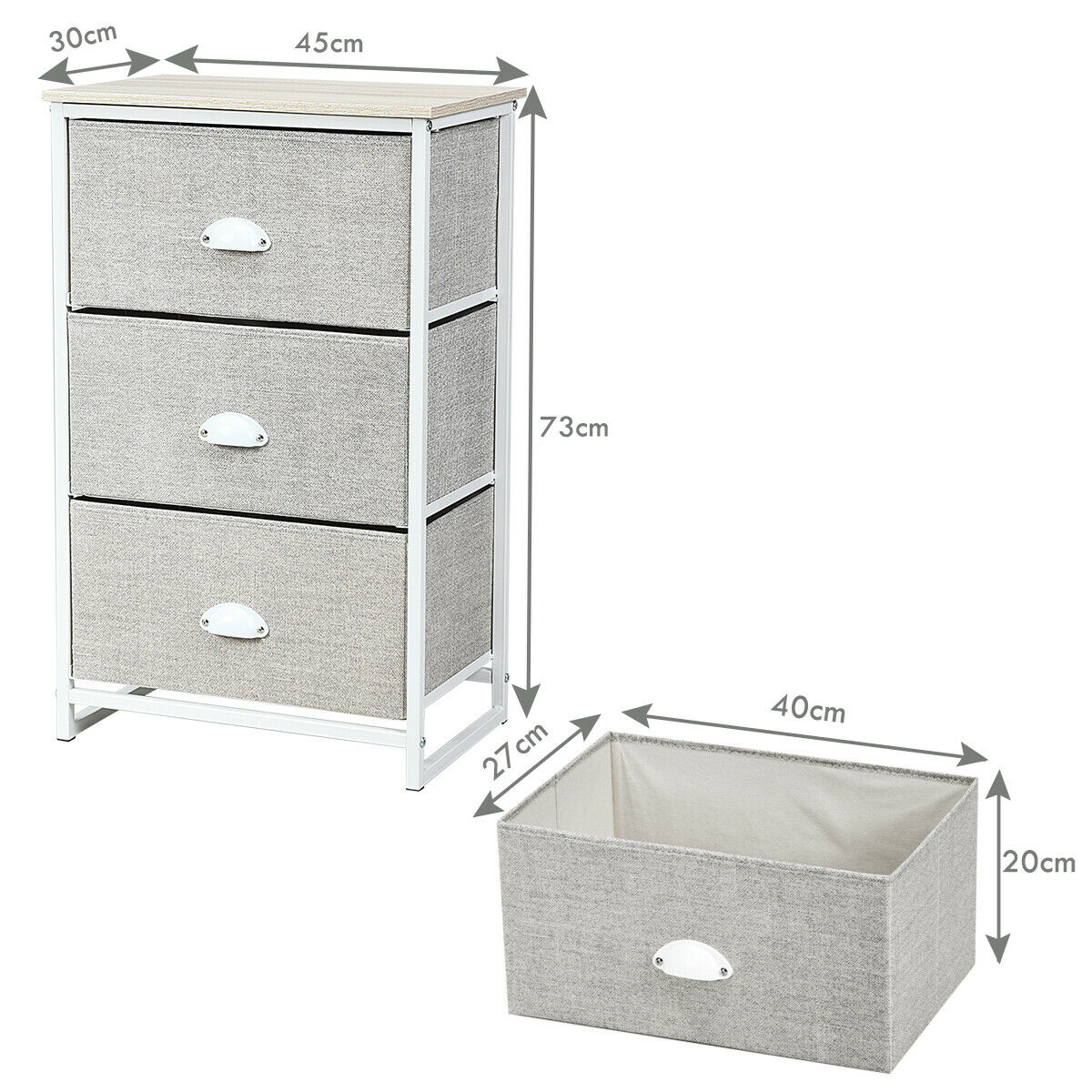 3/4 Fabric Nightstand Bedside Storage Cabinet Folding Drawers-3-Tier-White