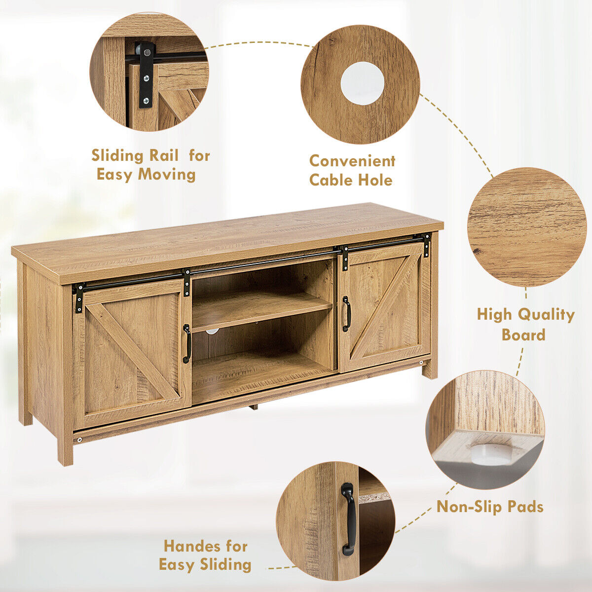 Modern TV Cabinet for 60-Inch TV Wooden Media Storage Shelves-Orange