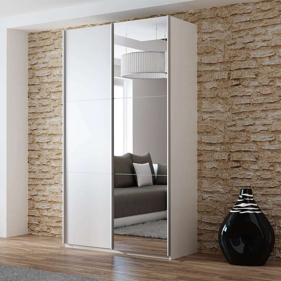 White Mirrored Sliding Door Wardrobe 120cm – OXFORD