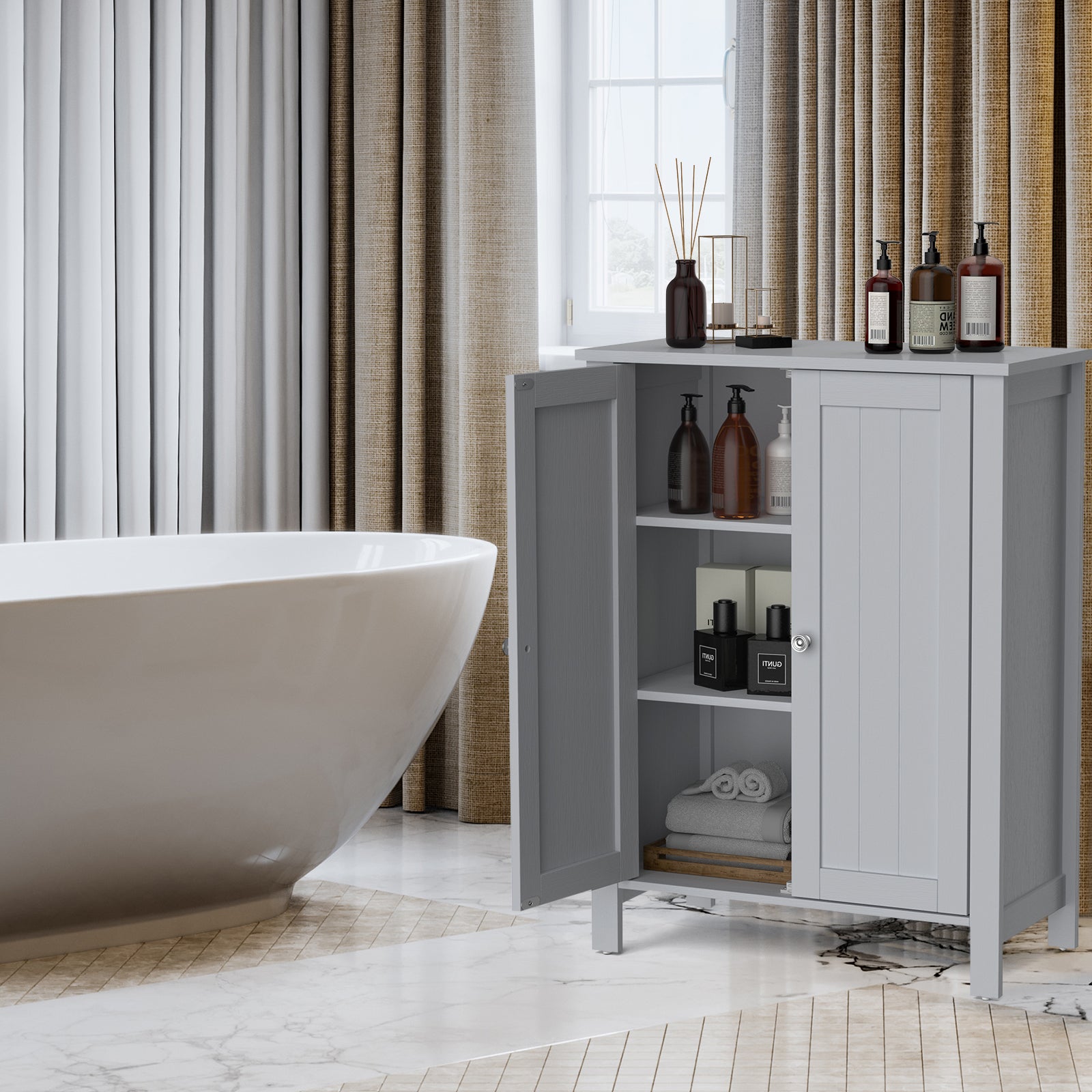 2-Door Freestanding Bathroom Floor Cabinet with Adjustable Shelves-Grey