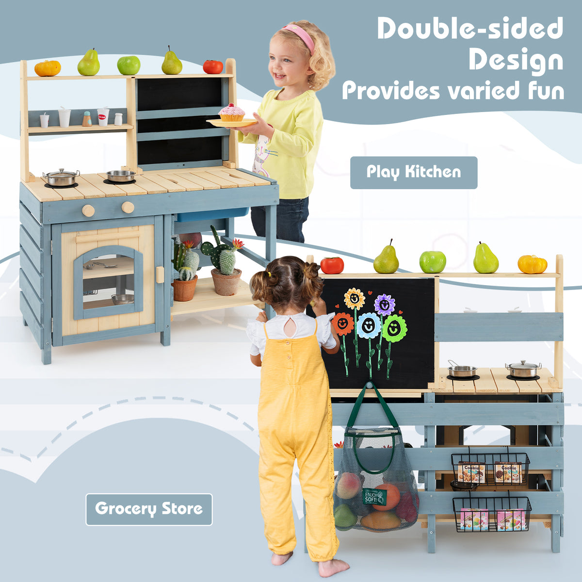 2 In 1 Outdoor Mud Kitchen with Metal Baskets and Storage Bag