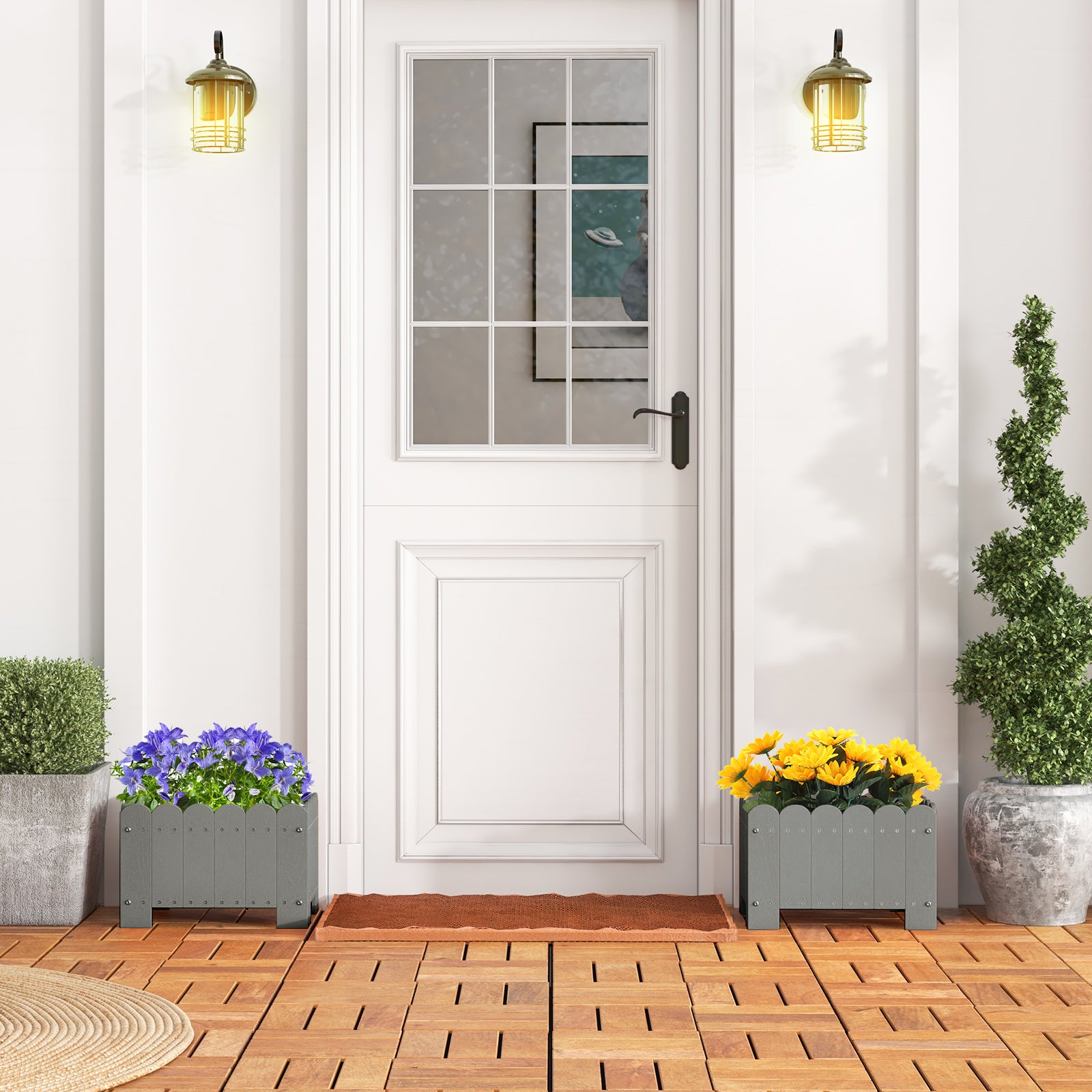 2 Pack Rectangular Planter Box HDPE Flower Pot with Drainage Gaps-Grey