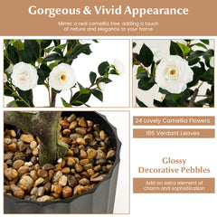 1/2 Pieces 95cm Artificial Camellia Tree with Flowers and Rain-Flower Pebbles-White-2 Pieces