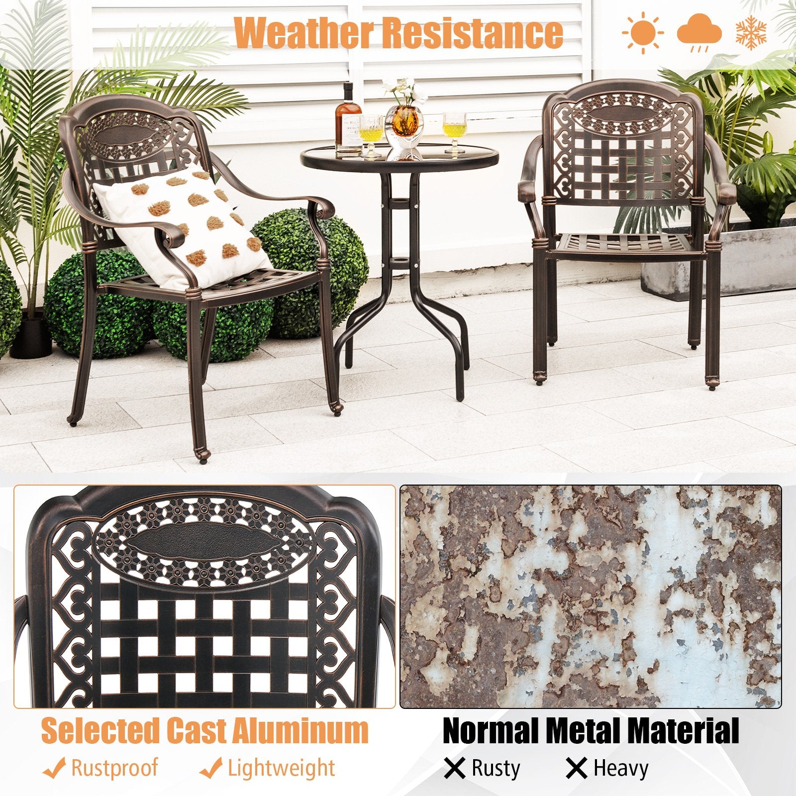 Cast Aluminum Patio Chairs Set of 2 Dining Stackable Outdoor-Bronze