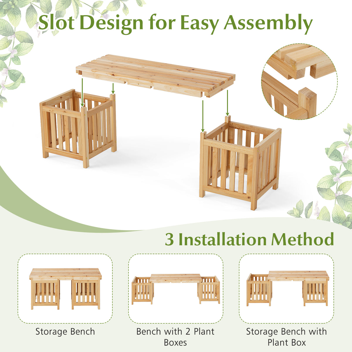 2 Person Patio Wooden Bench with Planter and 2 Side Flower Box-Natural