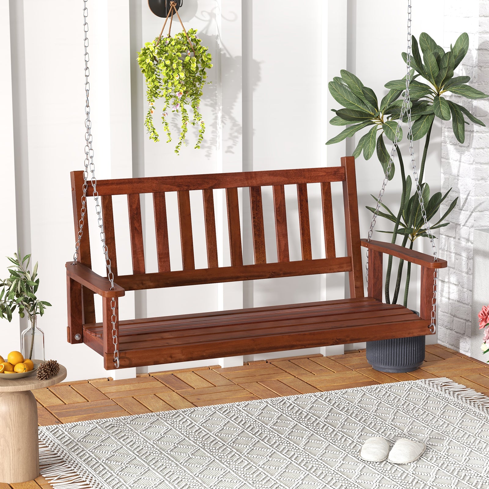 2/3 Person Wooden Outdoor Porch Swing with Adjustable Upper Chains-Brown-2 Person