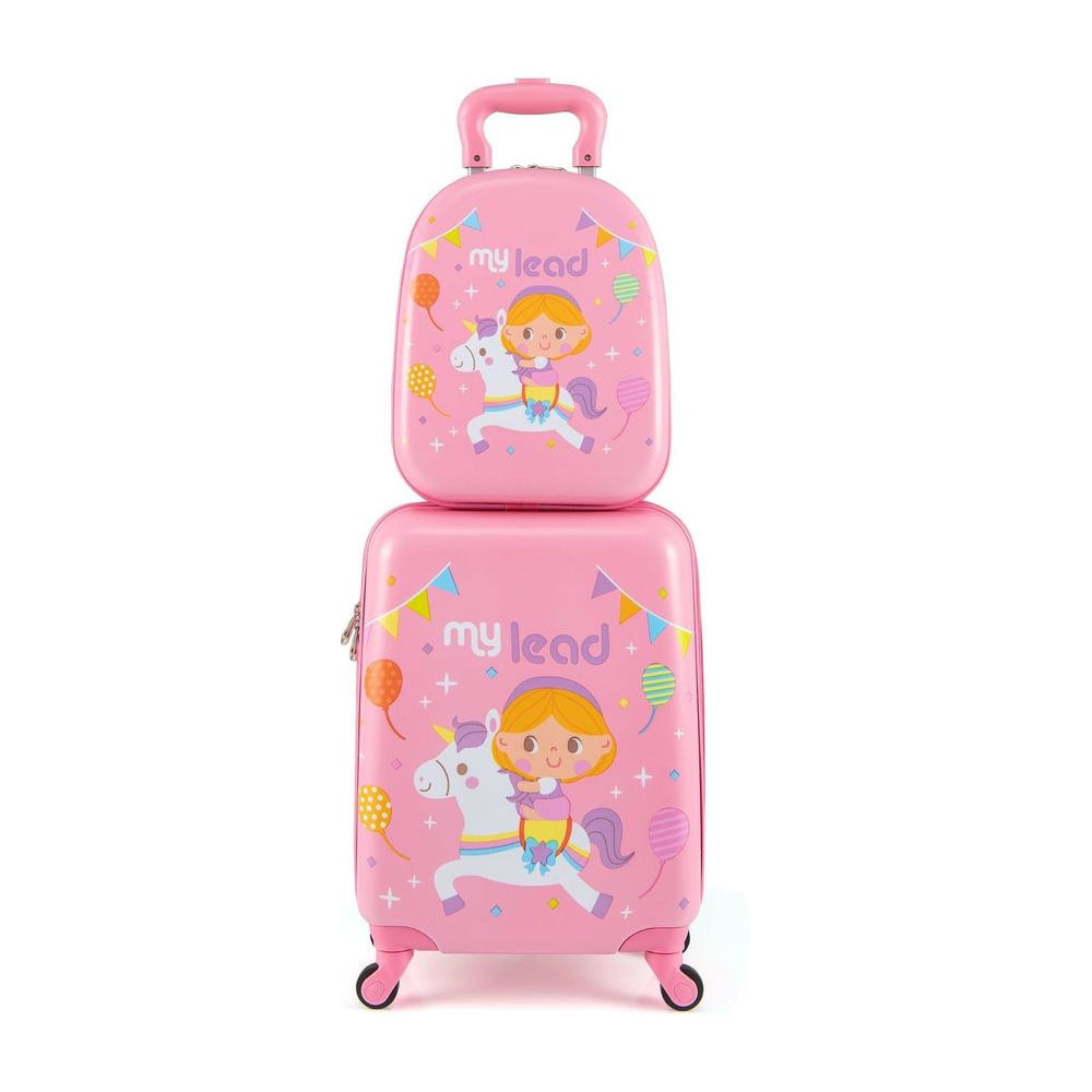 2 Pieces Kid Luggage Set in pink with a unicorn and girl print on the front