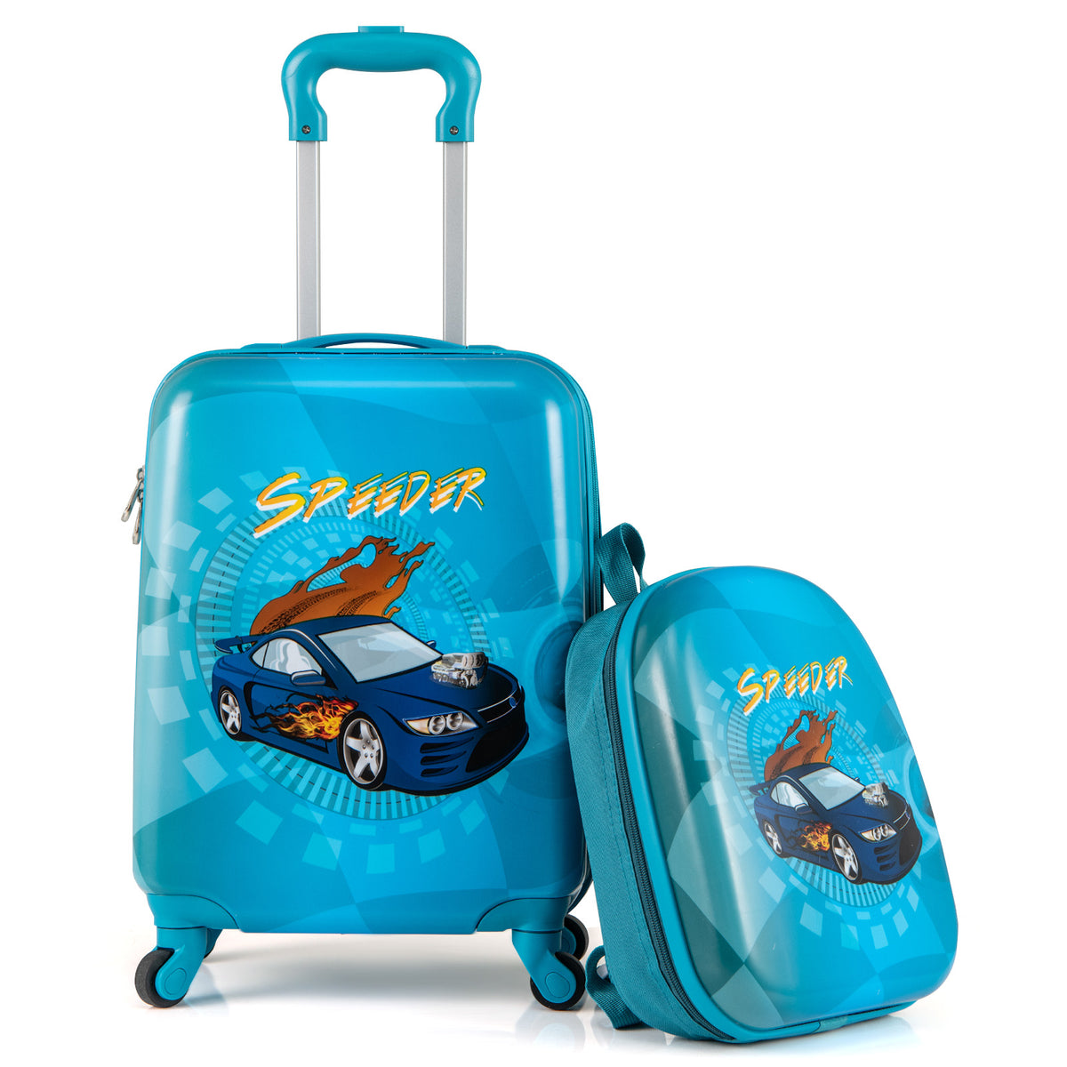 The navy blue kids luggage set, a suitcase and a backpack, shown together