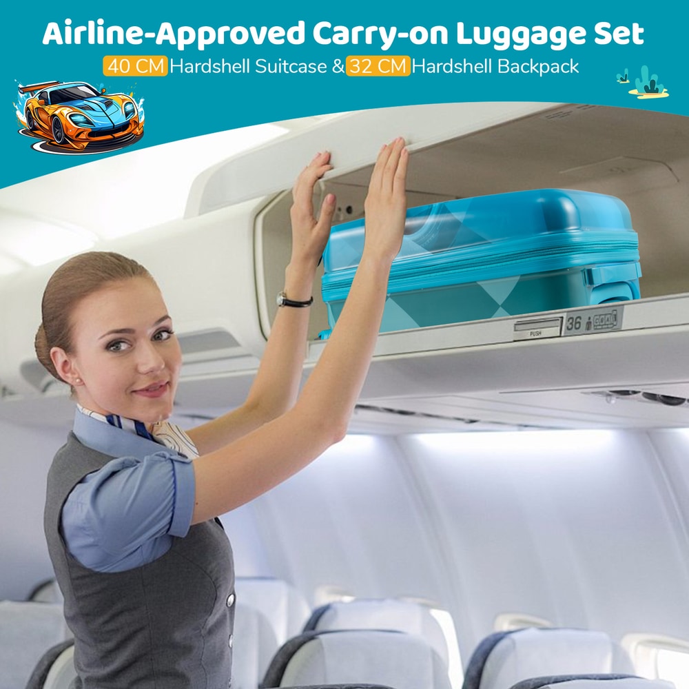 A woman places the navy blue kids suitcase into an airplane overhead compartment