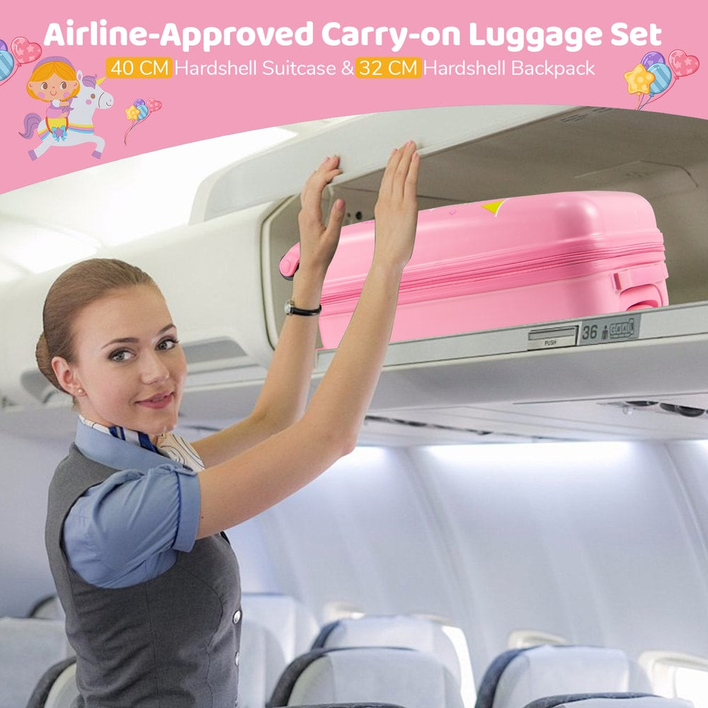 The kids luggage being placed into an overhead locker by a flight attendant