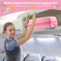 The kids luggage being placed into an overhead locker by a flight attendant