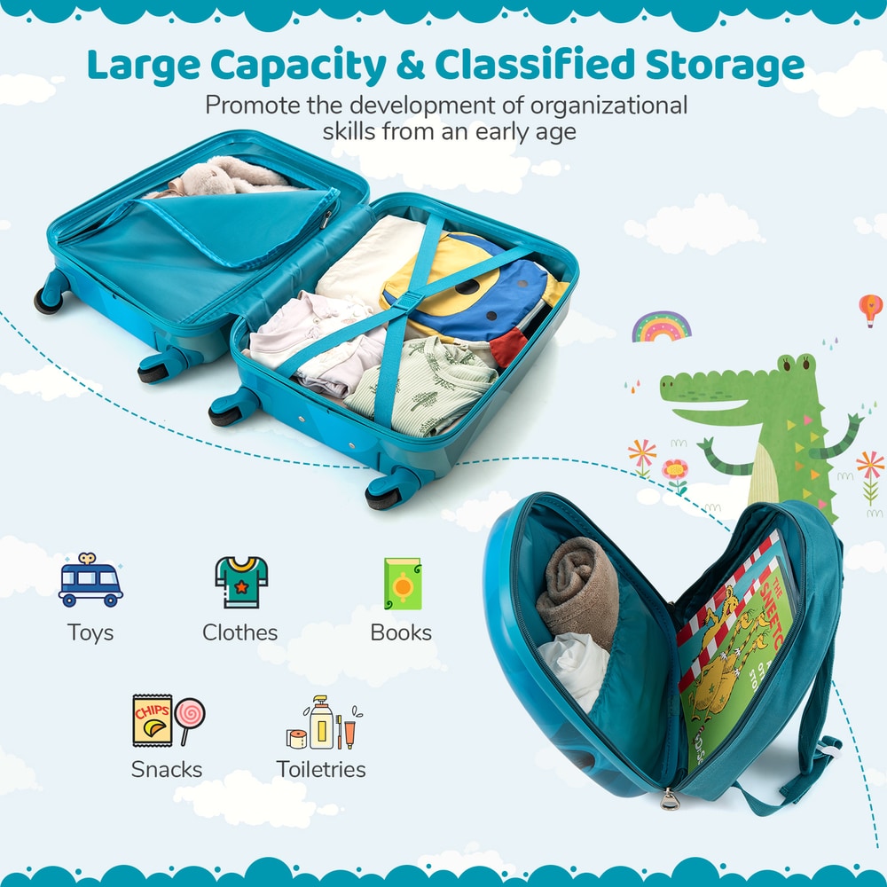 The navy blue kids luggage set is open showing organised storage for toys and clothes