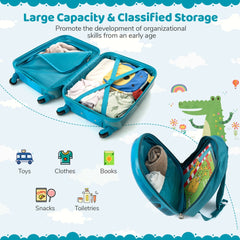 The navy blue kids luggage set is open showing organised storage for toys and clothes