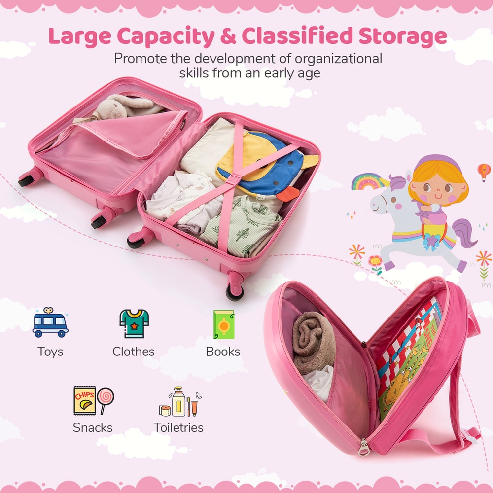 The kids luggage shown open to reveal the internal storage compartments