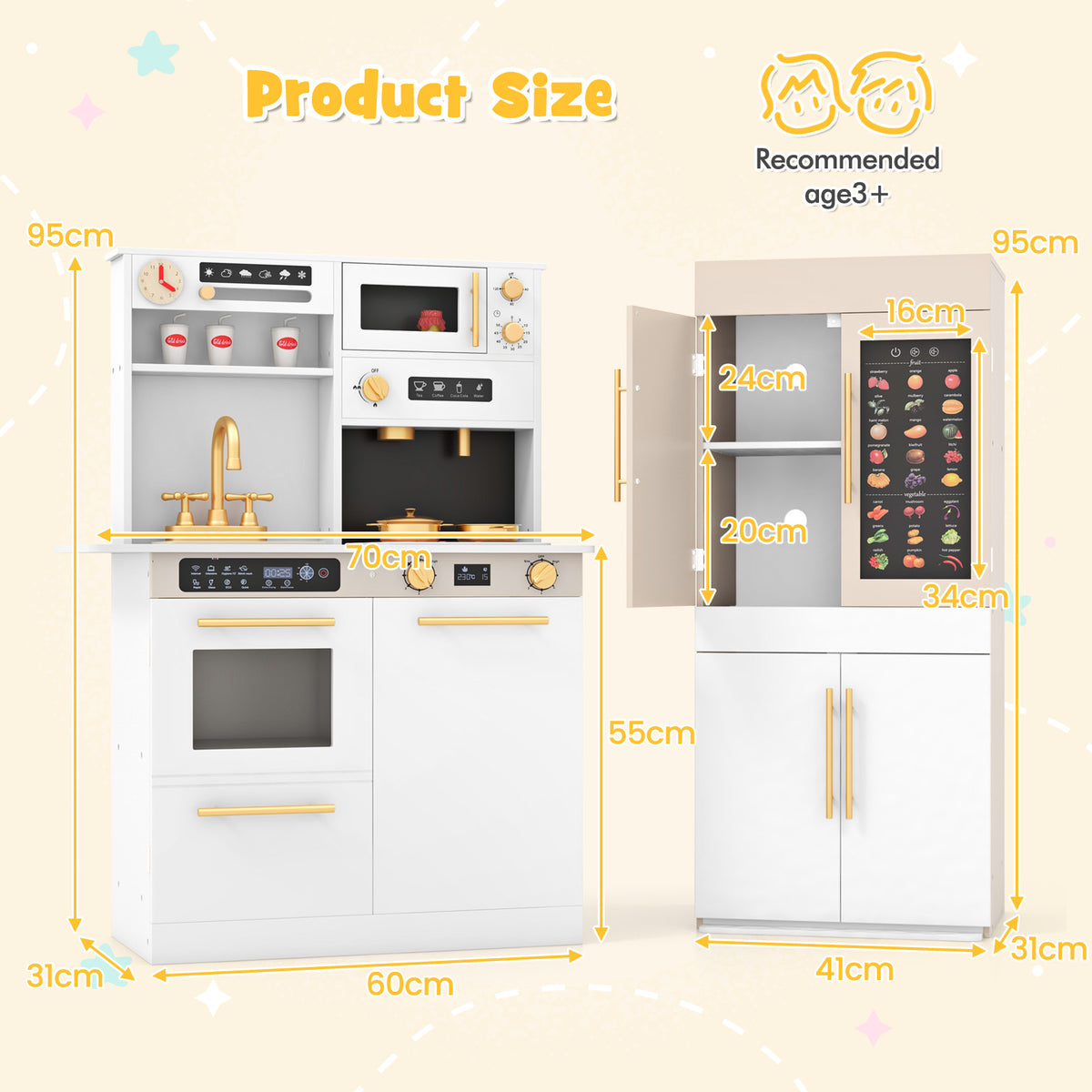 2 Pieces Kids Kitchen Playset Play Kitchen Refrigerator Combination-White