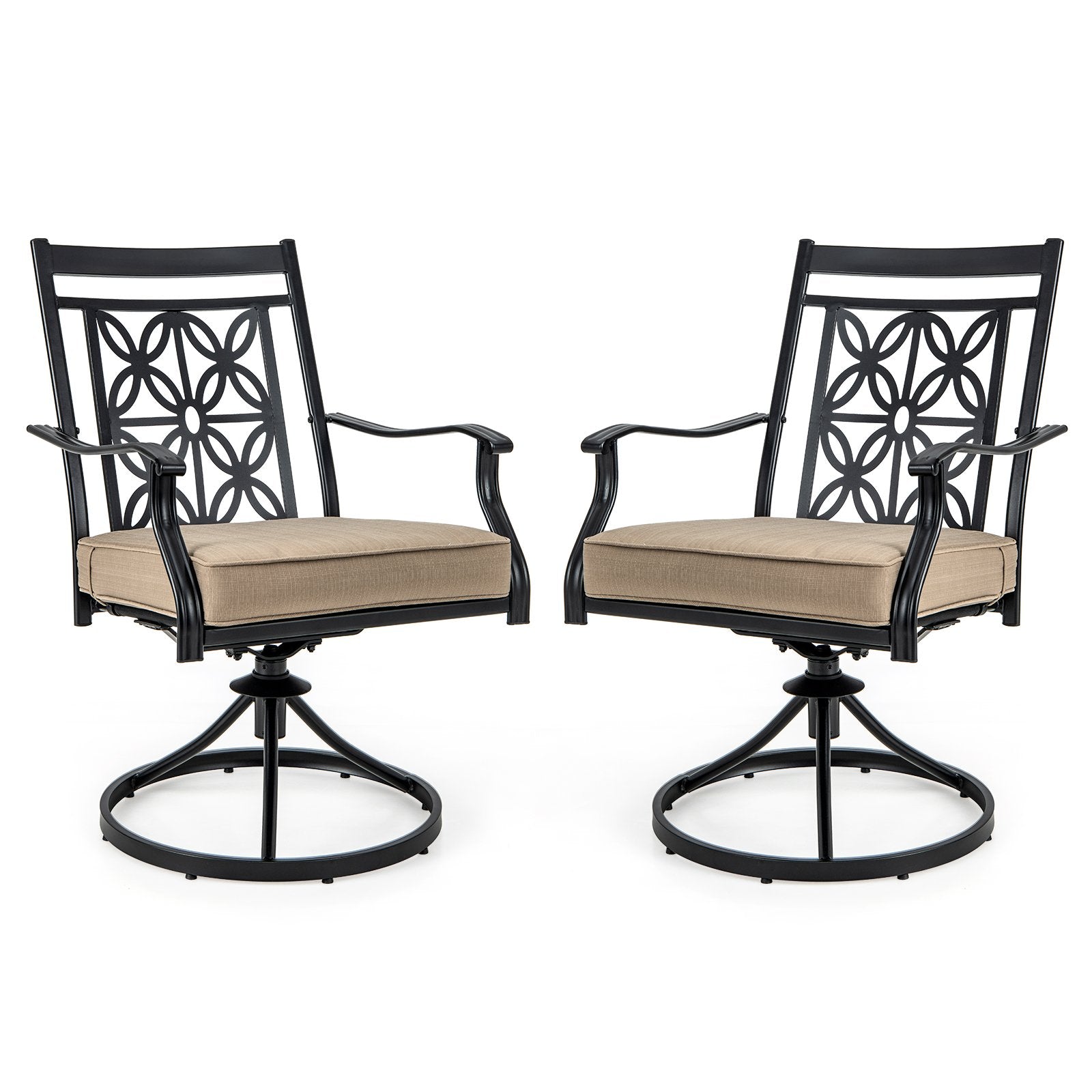 2 Pieces Outdoor Bistro Dining Chair Set Swivel Chairs with Blossom Pattern Backrest-Khaki