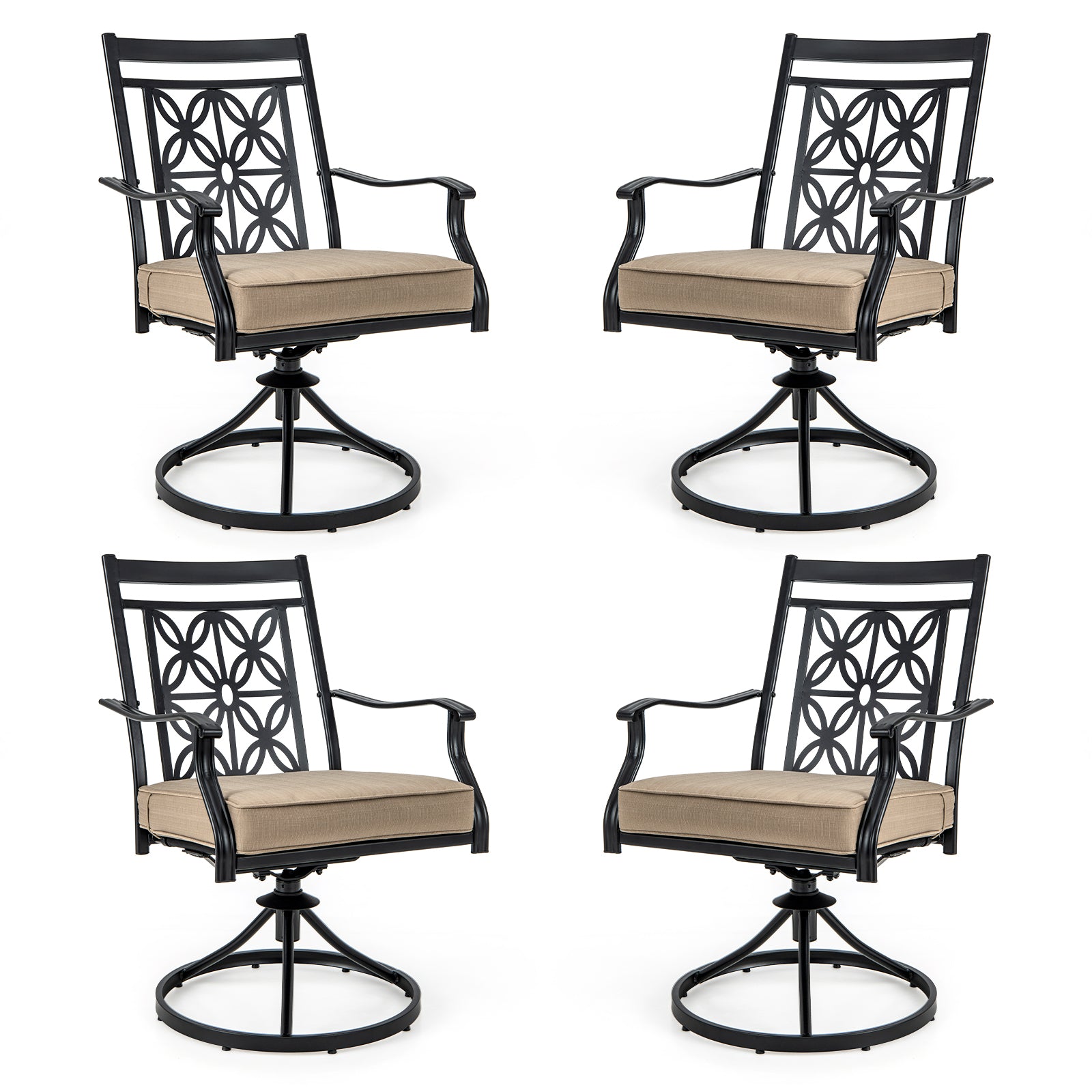 2 Pieces Outdoor Bistro Dining Chair Set Swivel Chairs with Blossom Pattern Backrest-Khaki