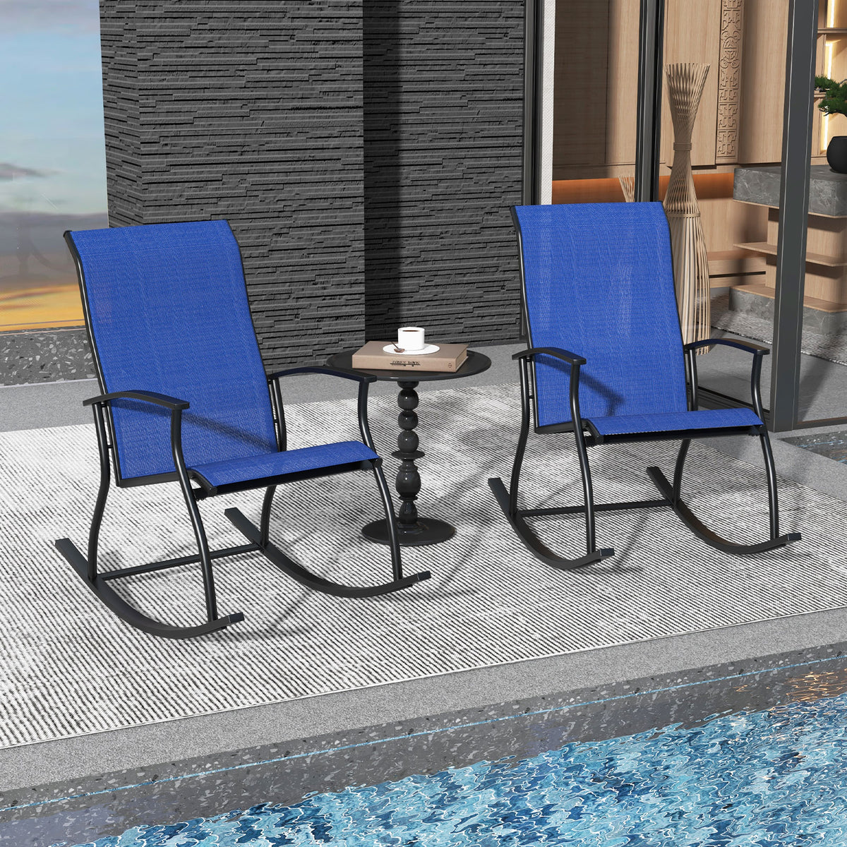 2 Pieces Outdoor Rocking Chairs with Breathable Backrest-Navy