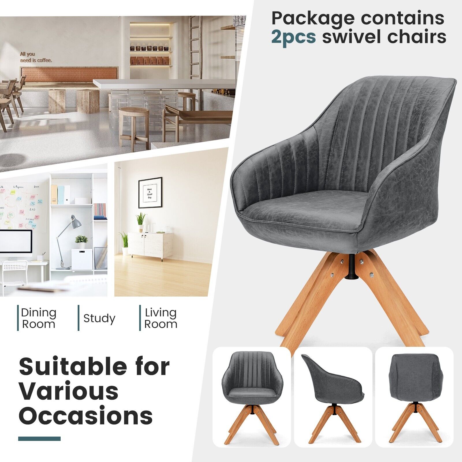 Set of 2 360¬∞ Swivel Accent Chair with Solid Wood Legs-Grey