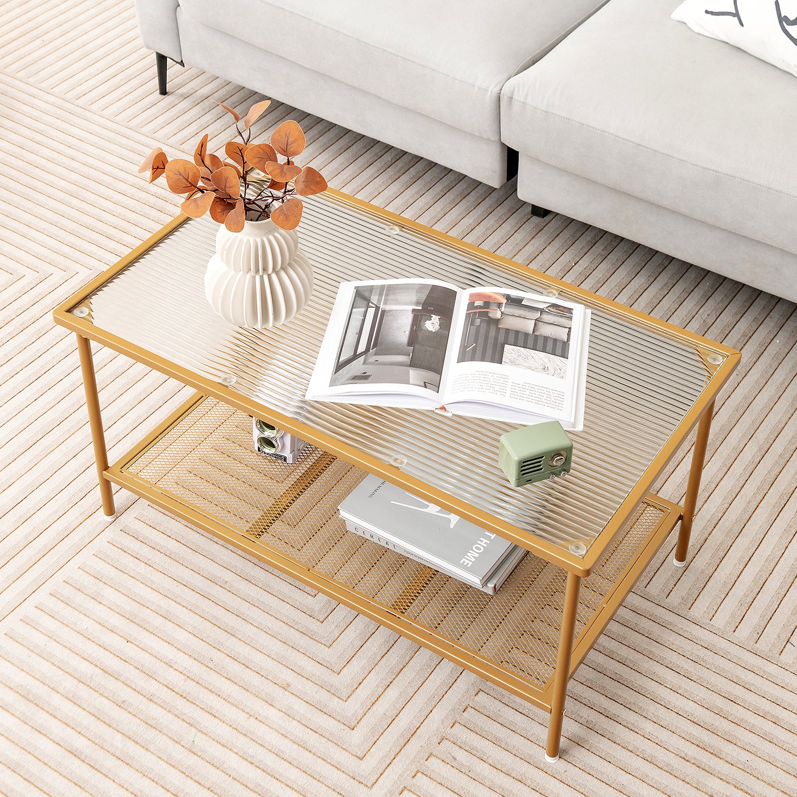 2-Tier Coffee Table with Shelf Tempered Glass Top-Golden