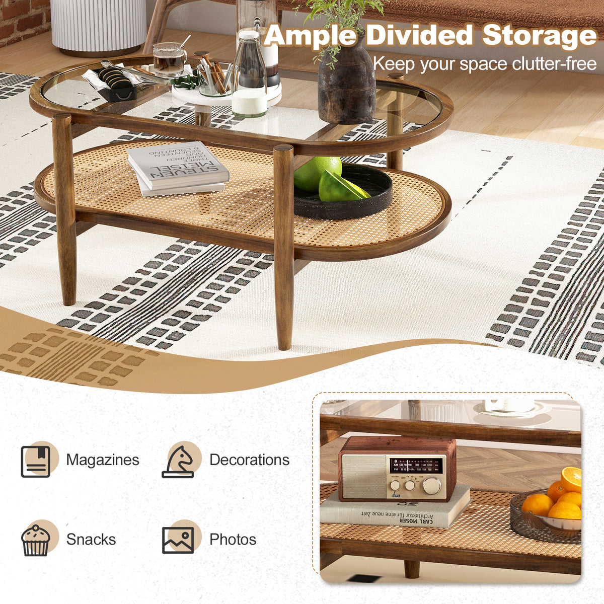 2-Tier PE Rattan Coffee Table with Storage-Brown