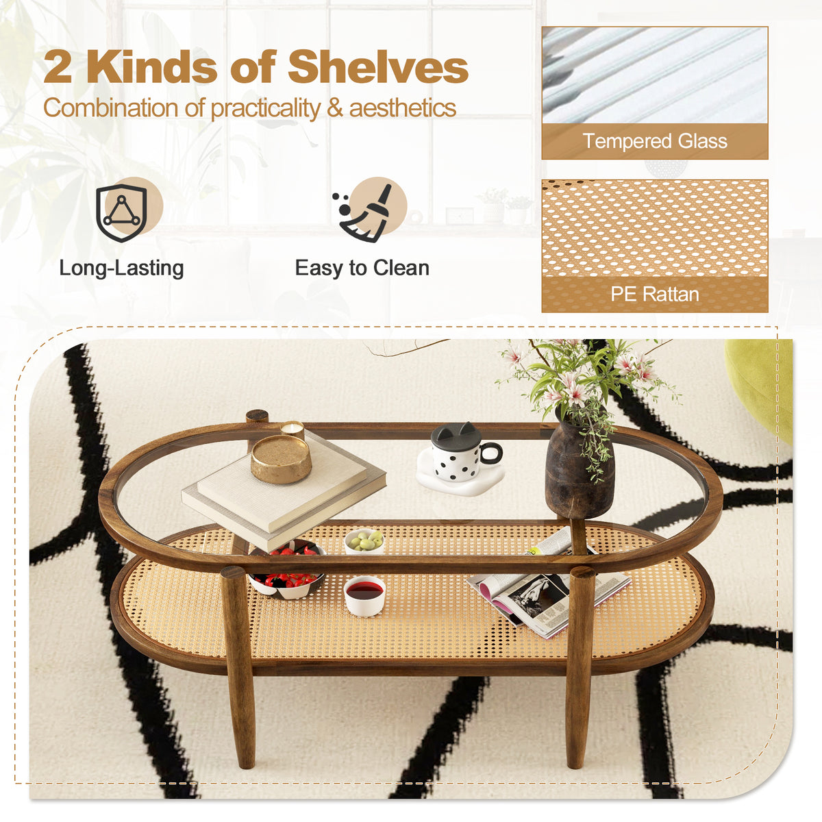 2-Tier PE Rattan Coffee Table with Storage-Brown