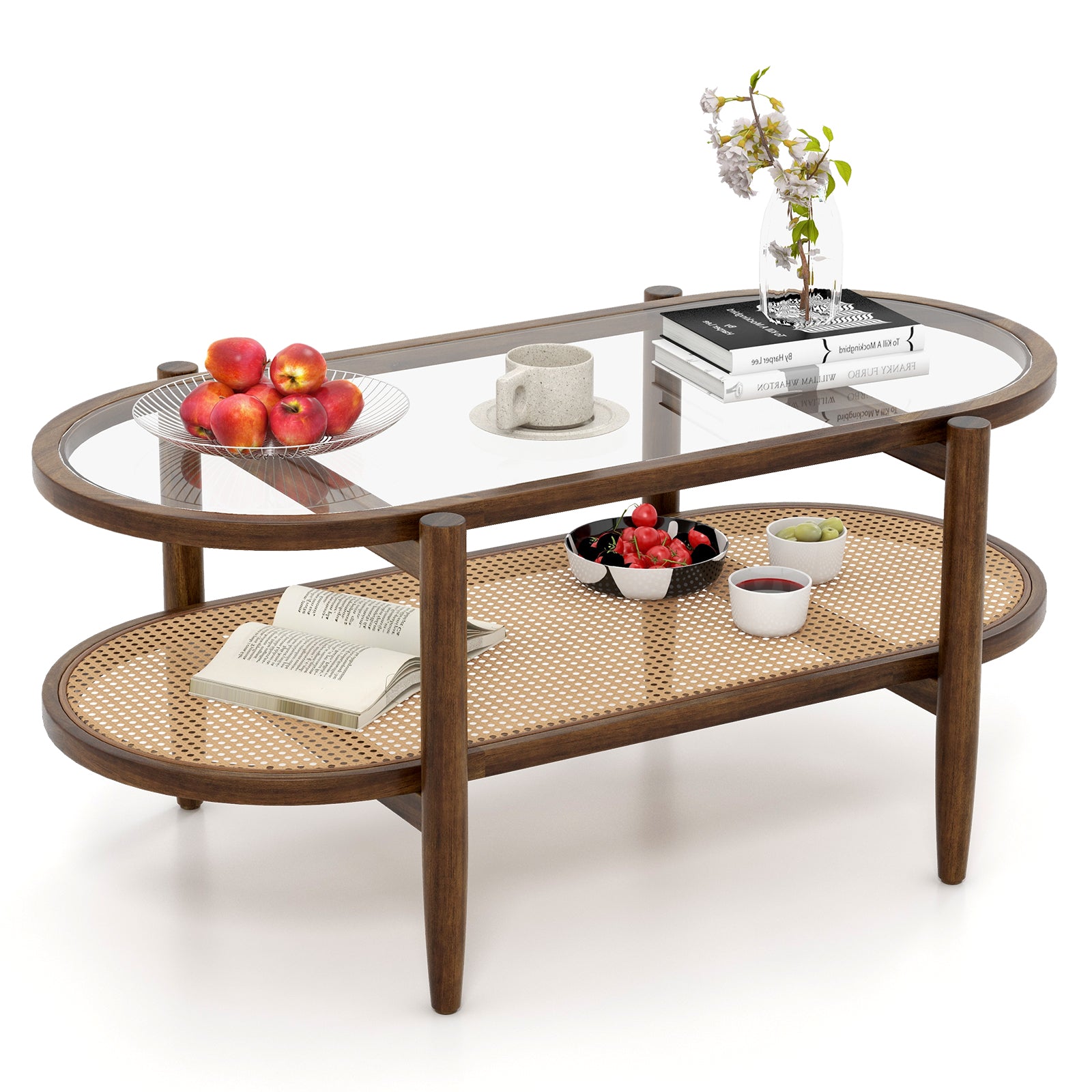 2-Tier PE Rattan Coffee Table with Storage-Brown