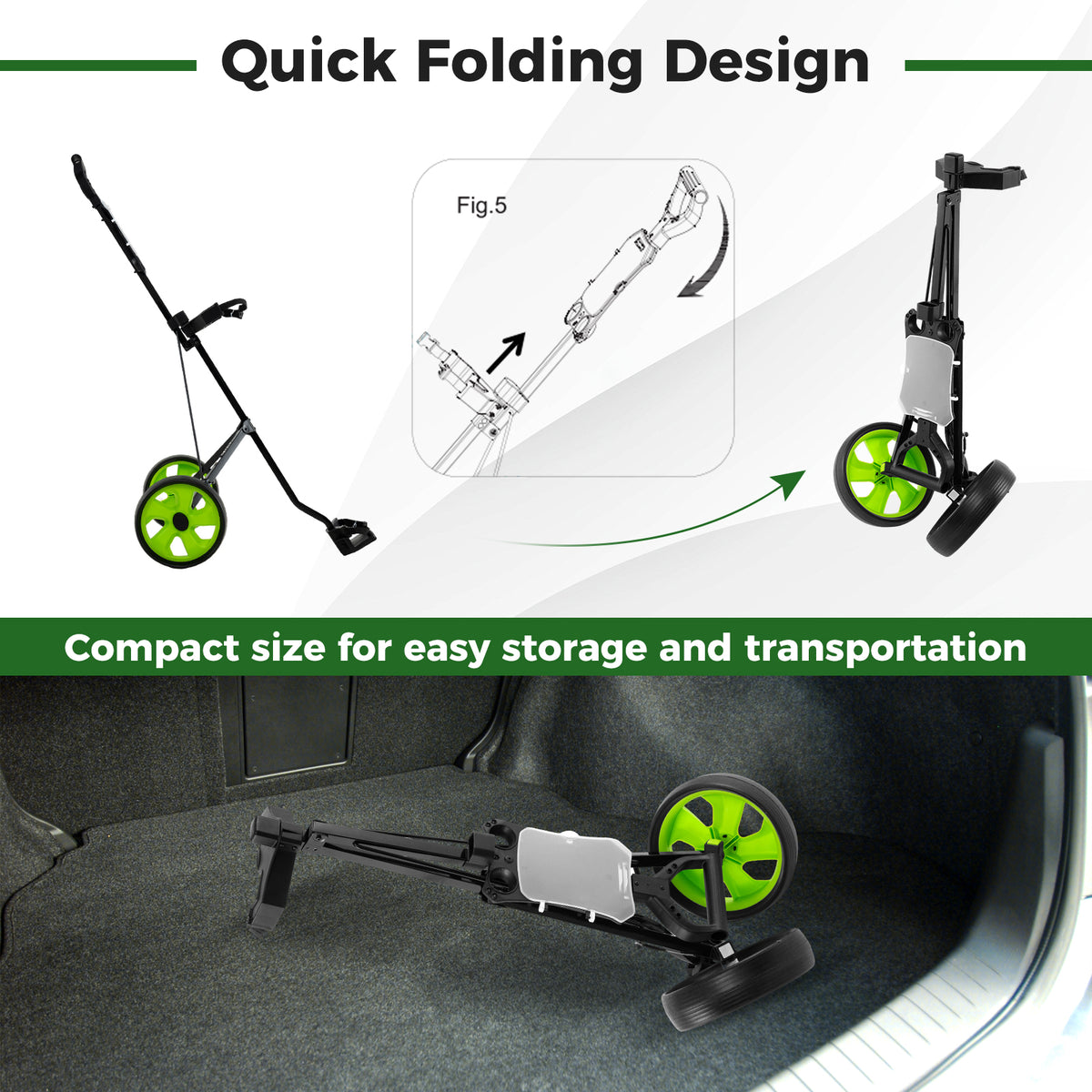 2 Wheels Foldable Golf Cart with Scoreboard-Green