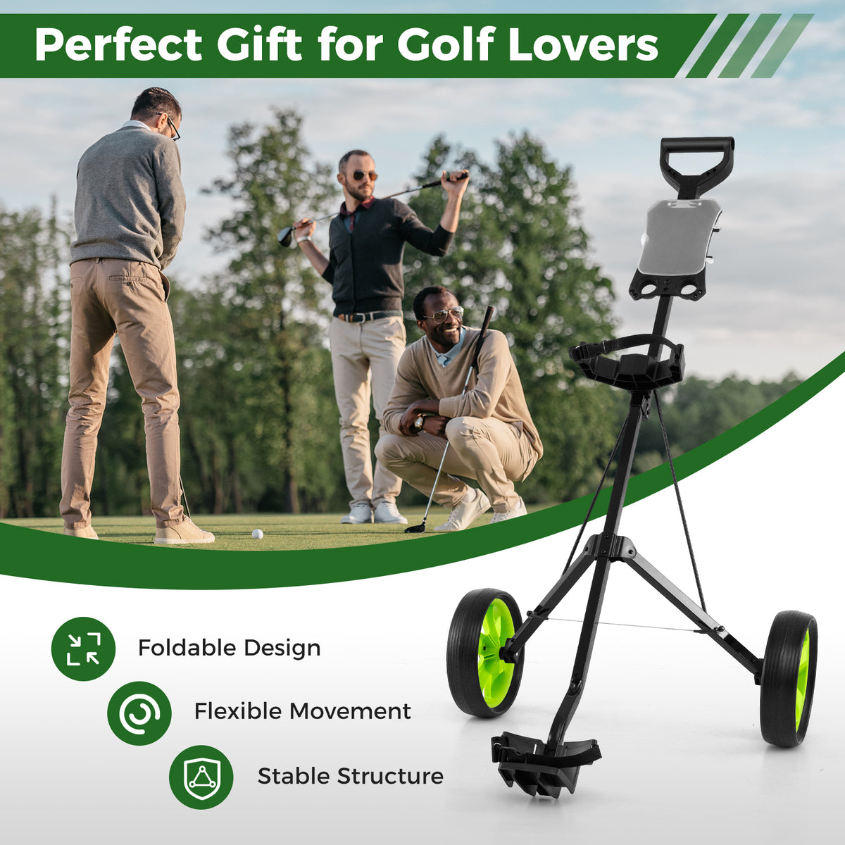 2 Wheels Foldable Golf Cart with Scoreboard-Green