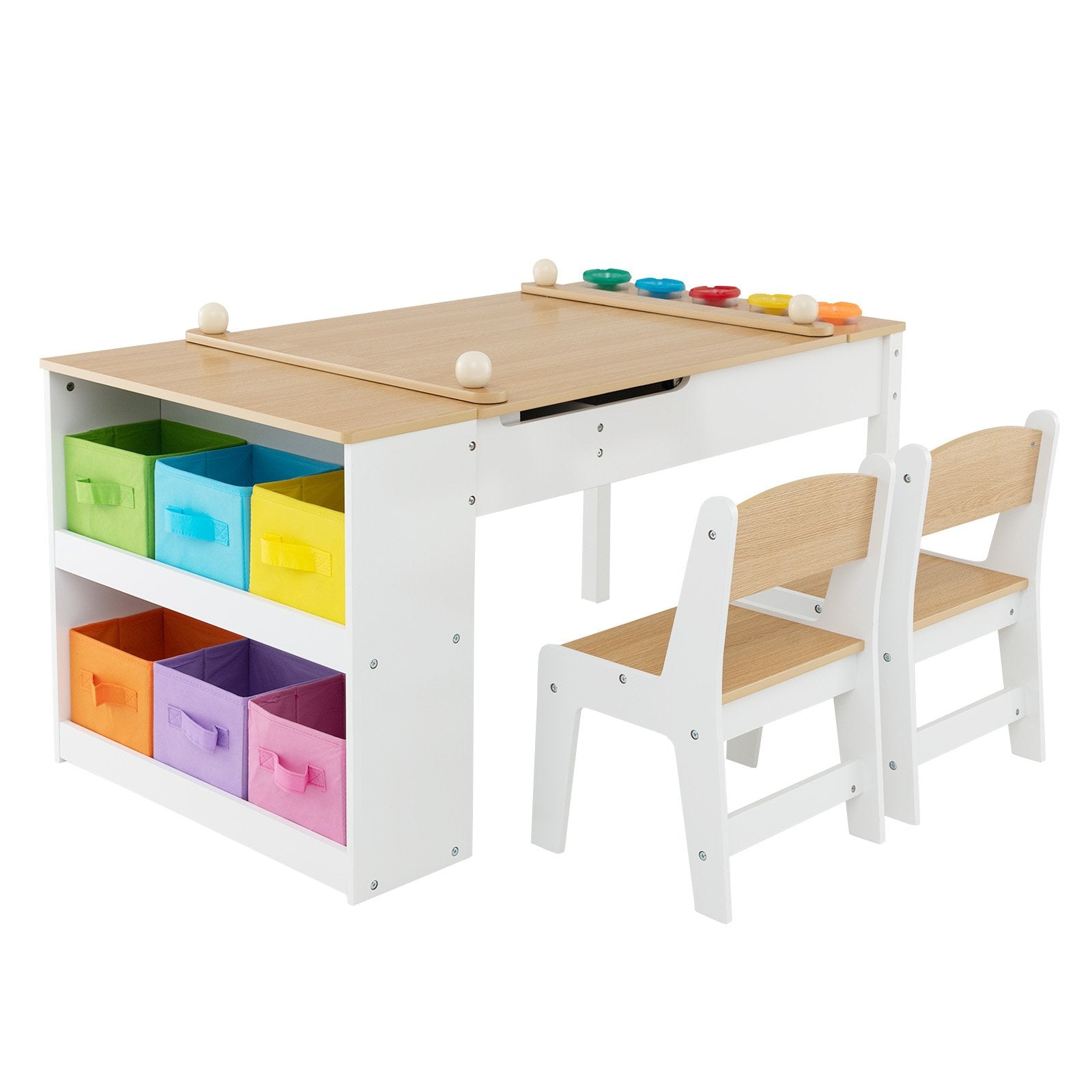2-in-1 Kids Art Table and Art Easel Set with Chairs-Natural