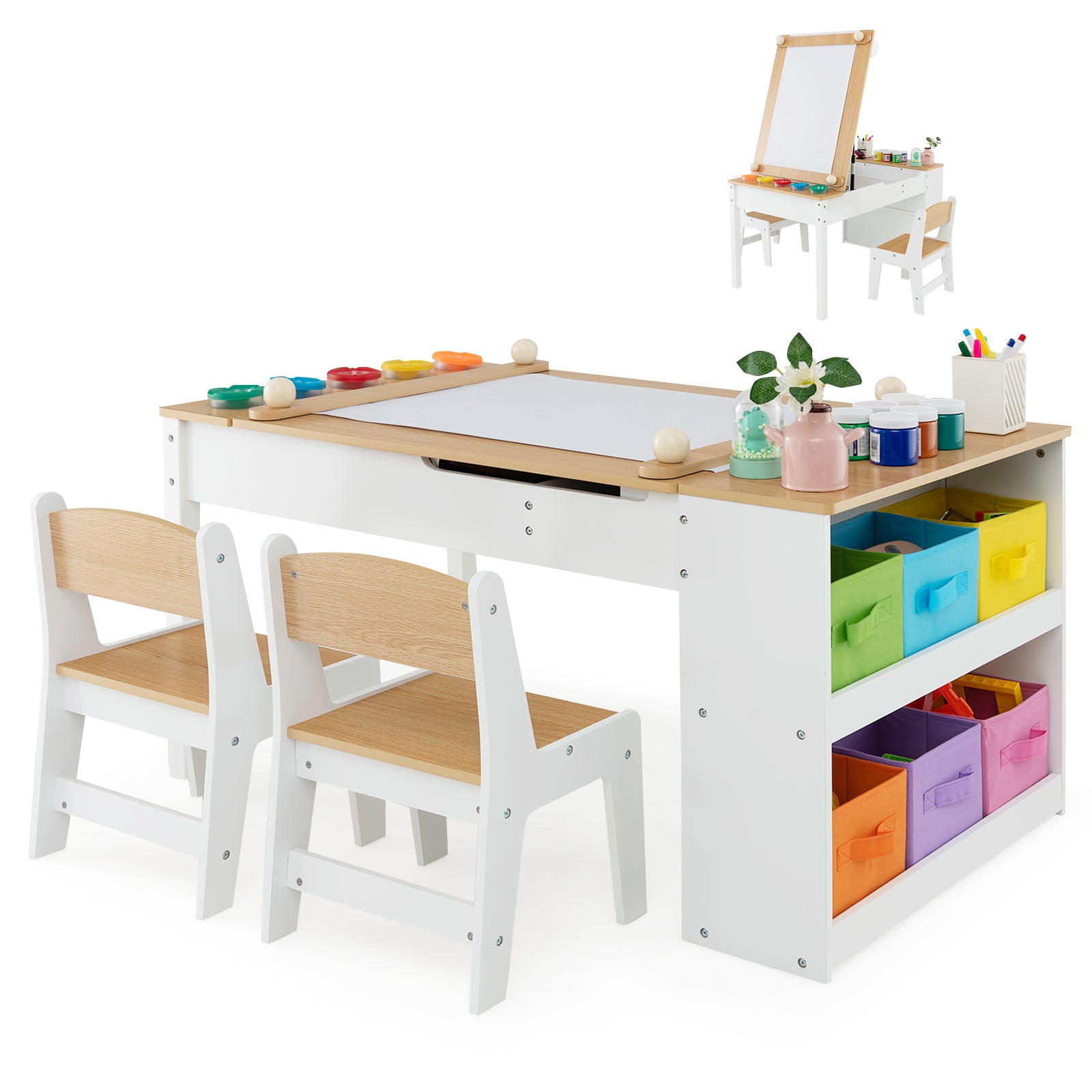 2-in-1 Kids Art Table and Art Easel Set with Chairs-Natural