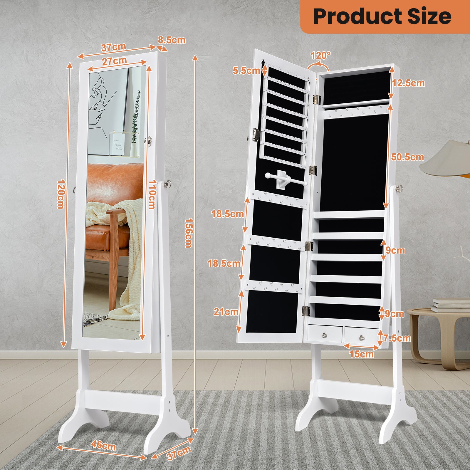 Freestanding Jewelry Cabinet with Full-Length Mirror and Drawers-White