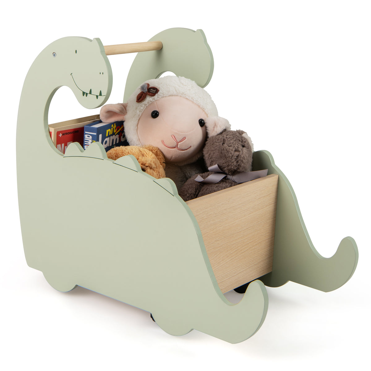 2 in 1 Wooden Baby Push Walker Toddler Shopping Cart with Pine Wood Handle-Green