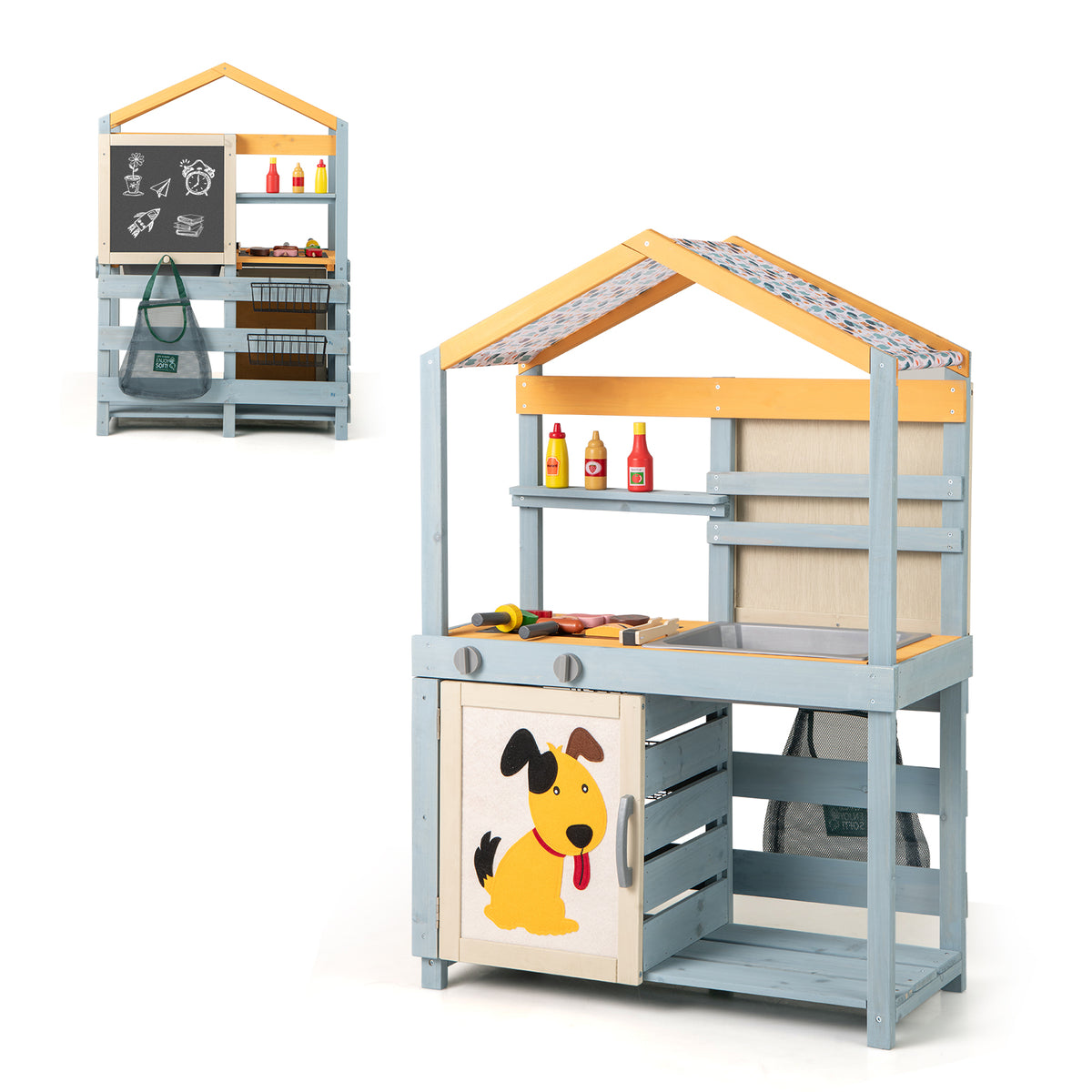2 in 1 Wooden Mud Kitchen and Grocery Store with Removable Sink-Grey