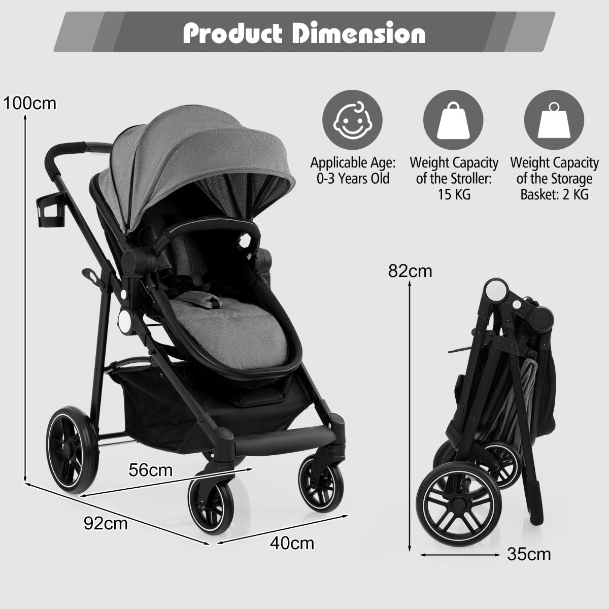 2 in 1 High Landscape Stroller with Reversible Seat and Adjustable Backrest and Canopy-Grey