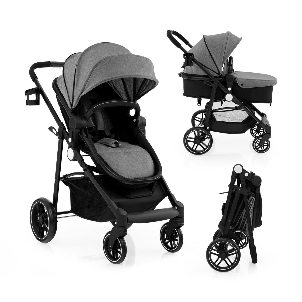 2 in 1 High Landscape Stroller with Reversible Seat and Adjustable Backrest and Canopy-Grey