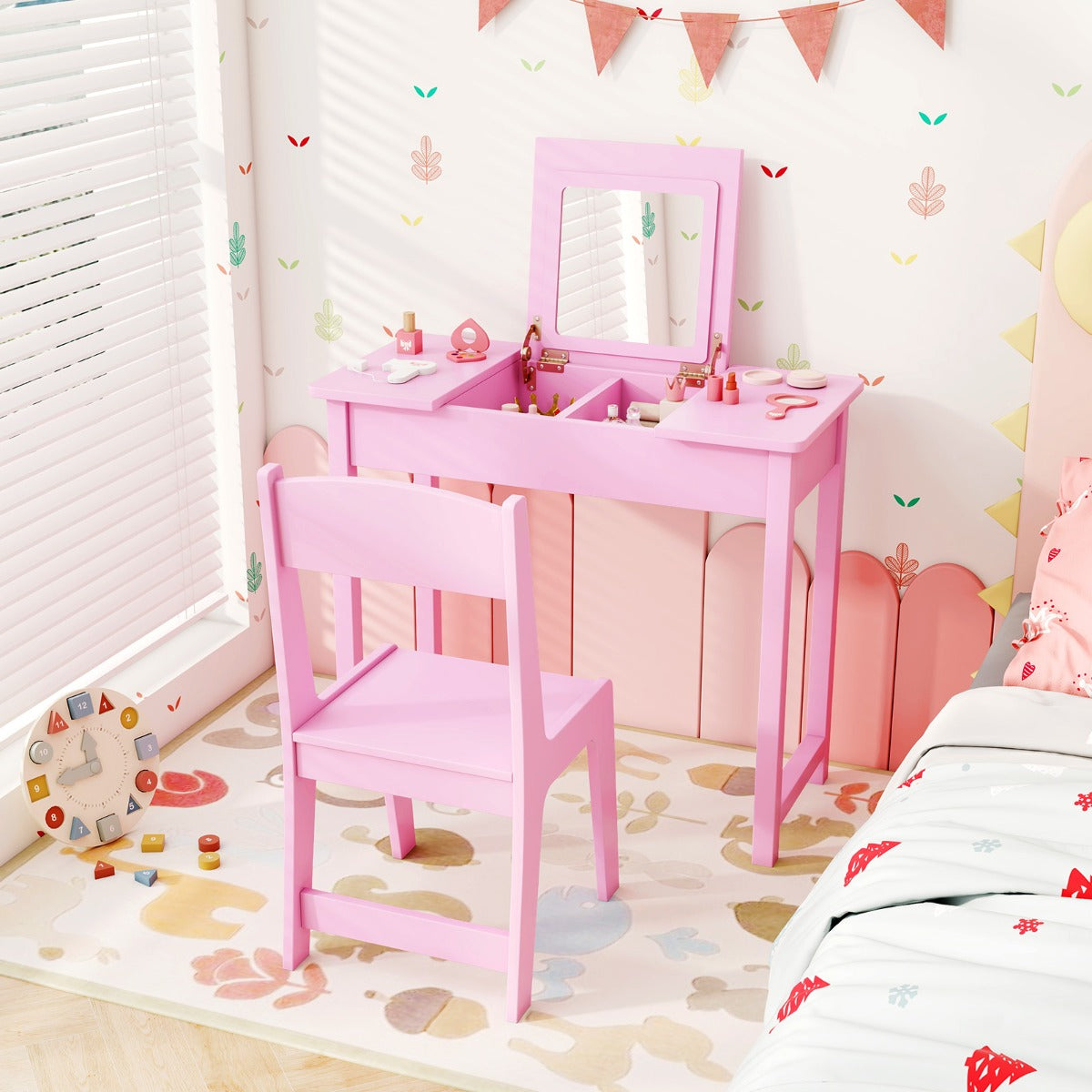 2 in 1 Kids Vanity Table and Chair Set with Flip Top Mirror Hidden Storage-Pink