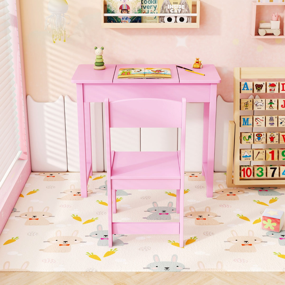 2 in 1 Kids Vanity Table and Chair Set with Flip Top Mirror Hidden Storage-Pink