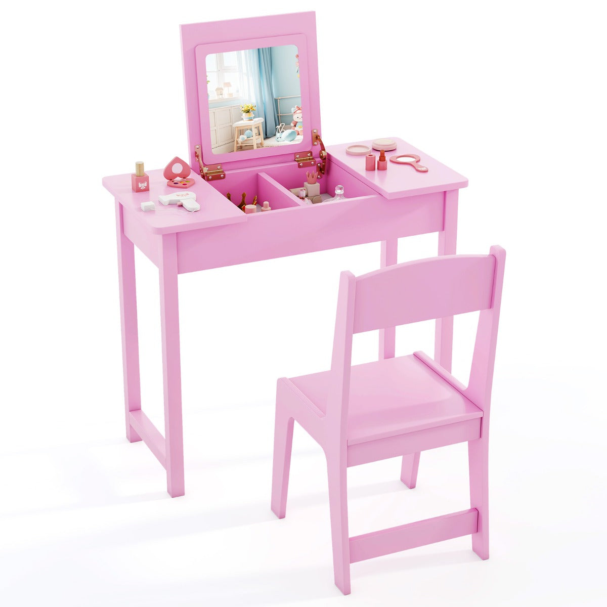2 in 1 Kids Vanity Table and Chair Set with Flip Top Mirror Hidden Storage-Pink