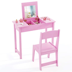 2 in 1 Kids Vanity Table and Chair Set with Flip Top Mirror Hidden Storage-Pink